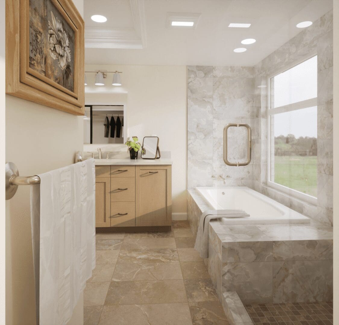 Elegant bathroom with bathtub and large window overlooking greenery.