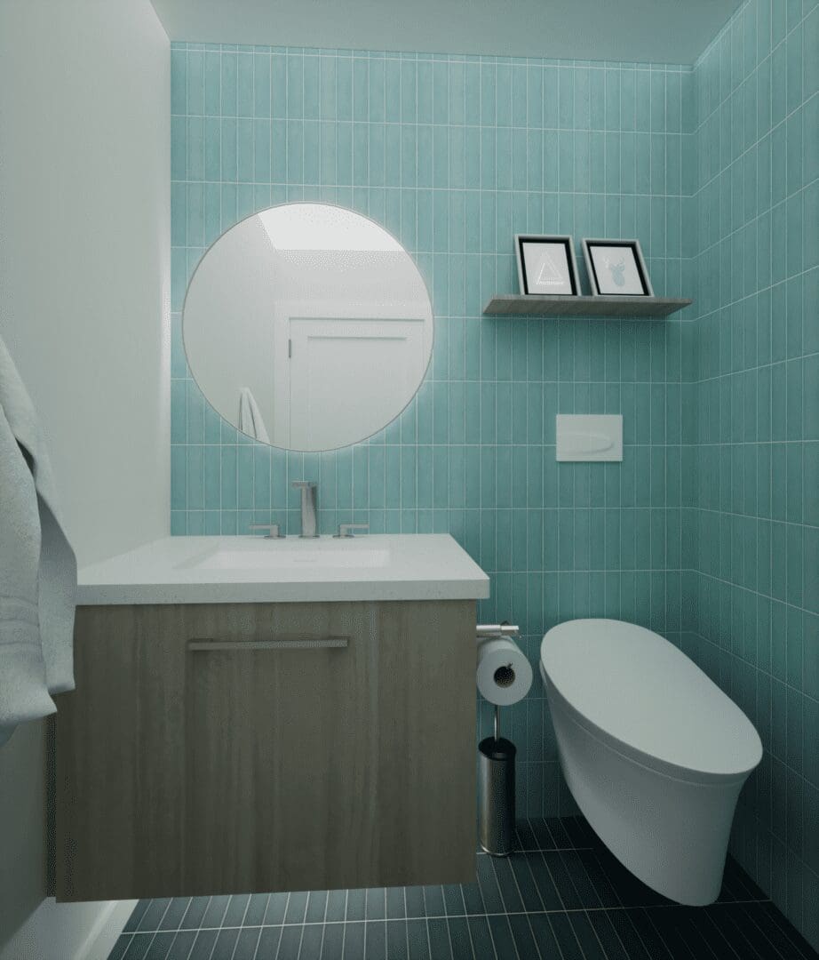 Modern bathroom with round mirror and wall-mounted toilet.